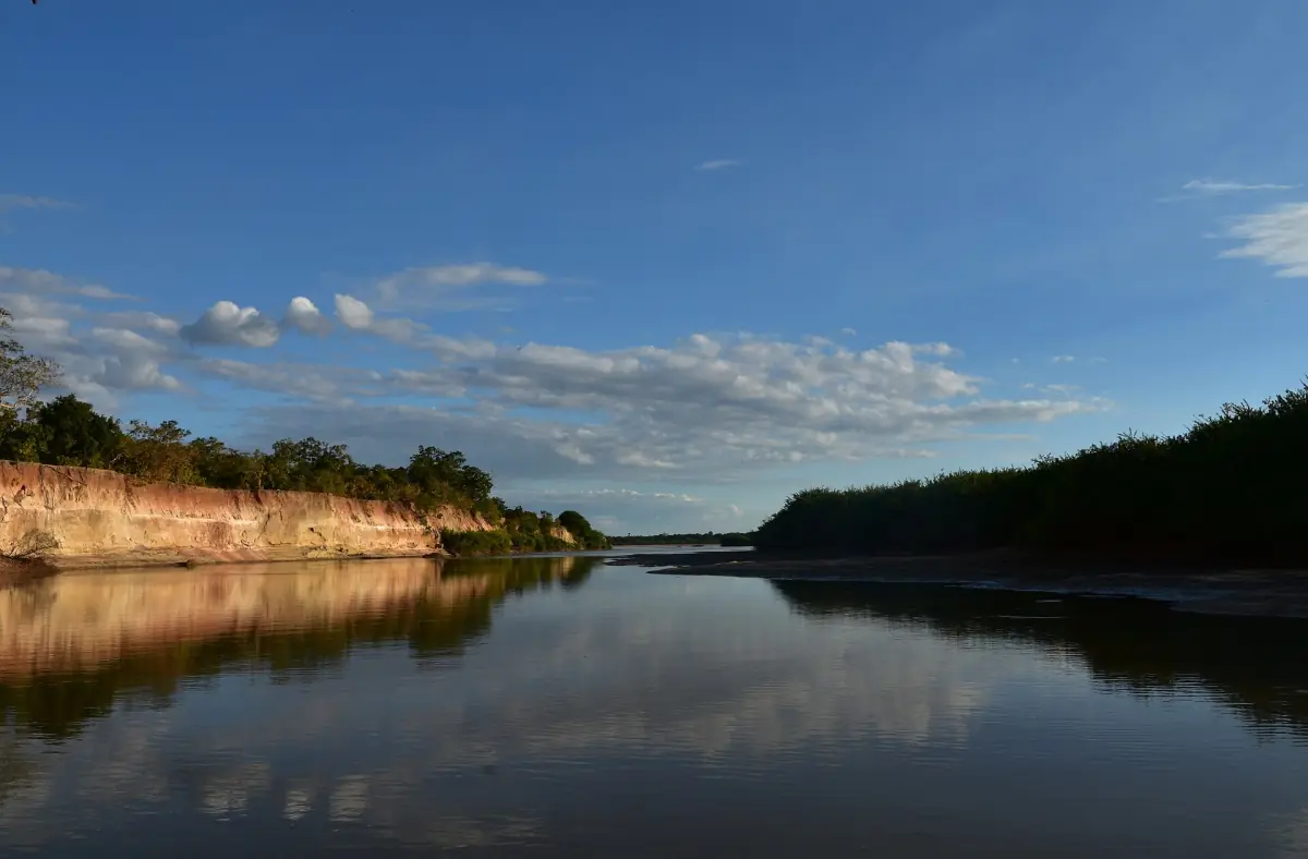 Calm Rufiji River reflecting clouds between tree-lined banks