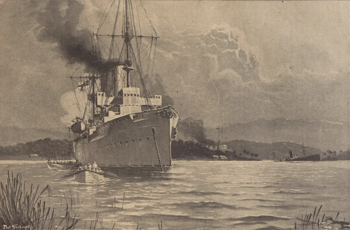 Old drawing of a steam warship in the Rufiji delta